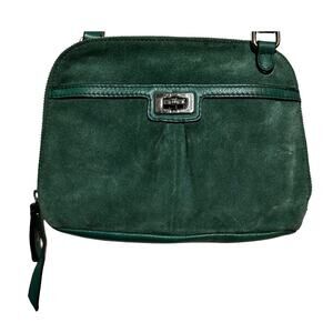 B. Makowsky Crossbody Bag Genuine Suede Leather Turn Lock Leopard Lined Green